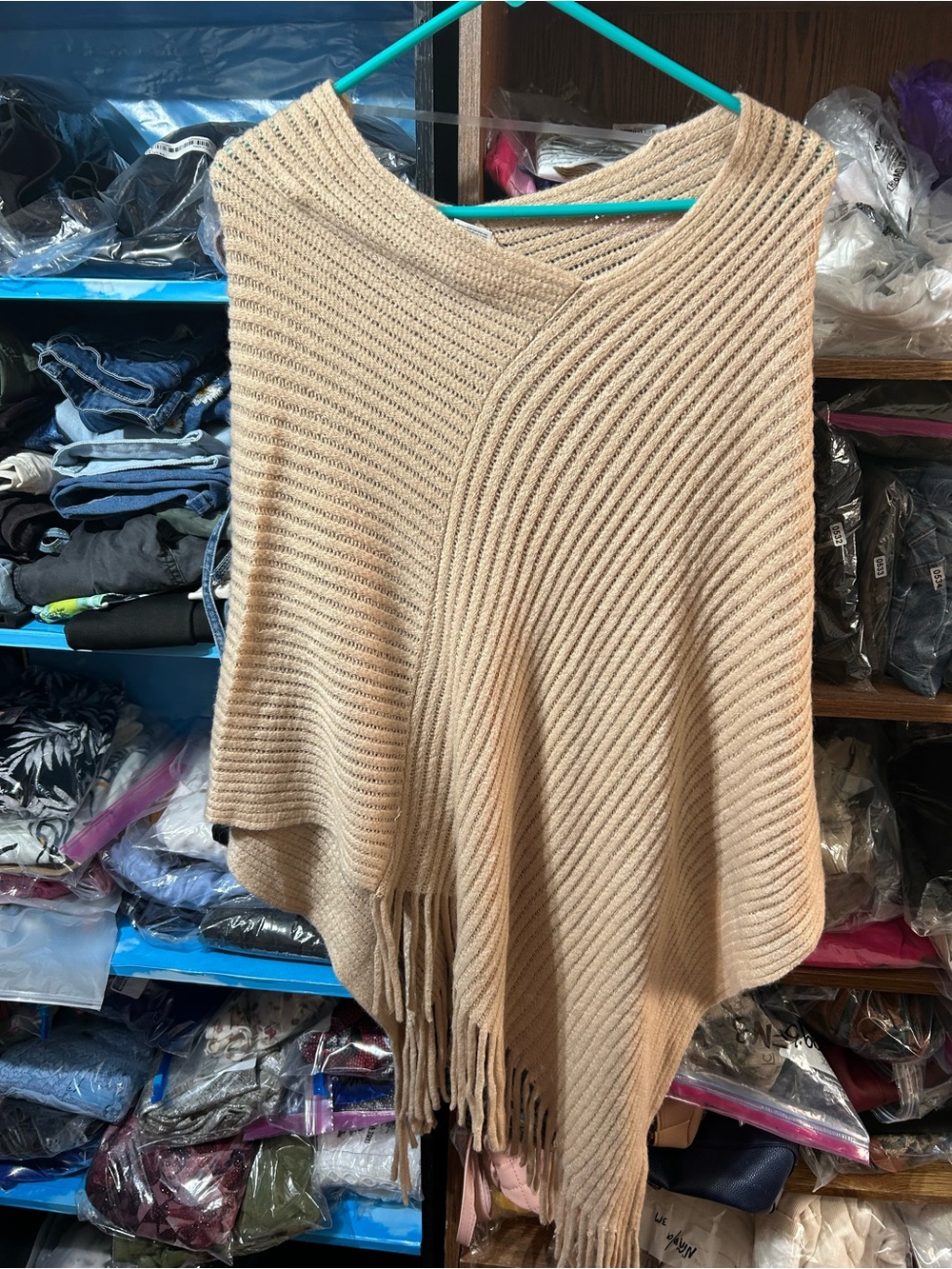 Women's Beige Ribbed Fringe Poncho Sweater
